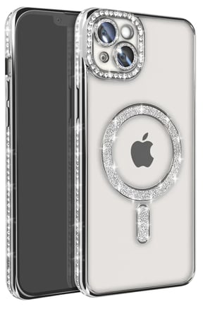 Apple iPhone 14 Kılıf Joke Simli Magneticsafe Kılıf - Gümüş