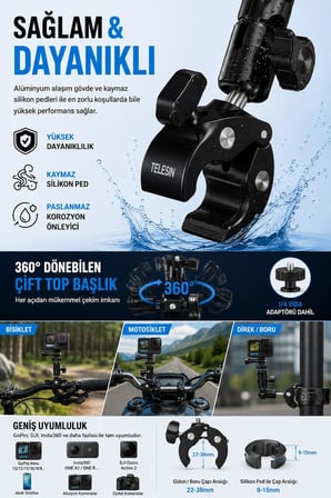 Motosiklet Bisiklet Gidon Kamera Montaj Metal Si 360° Döner Metal Tutucu