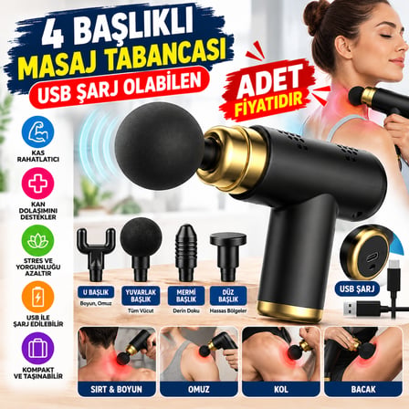 4 Başlıklı USB Şarj Olabilen Masaj Tabancası (adet fiyatıdır)