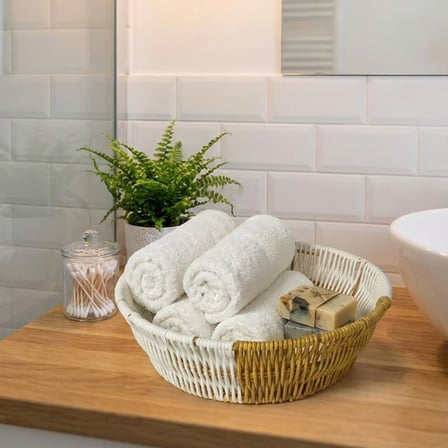 Yuvarlak Çift Renkli Plastik Rattan Ekmek ve Meyve Sepeti - Çok Amaçlı Banyo ve Mutfak Düzenleyici - Yıkanabilir Tezgâh Üstü Organizer