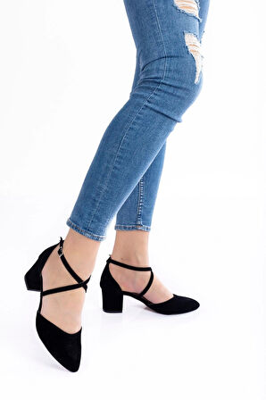 Siyah Süet Topuklu Kadın Klasik Ayakkabı Kadın Topuklu Abiye Ayakkabı Şık Gece Ayakkabısı