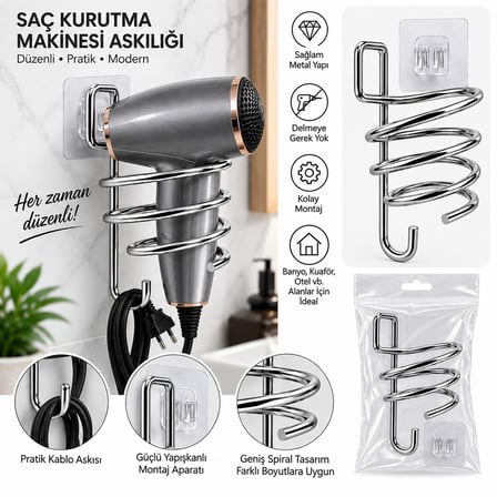 Krom Metal Fön Makinesi Askısı Yapışkanlı