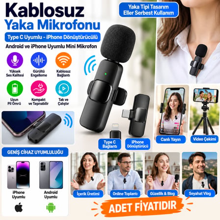 Type C Uyumlu İphone Dönüştürücülü Kablosuz Yaka Mikrofonu Android ve İphone Uyumlu Mini Mikrofon (adet fiyatıdır)