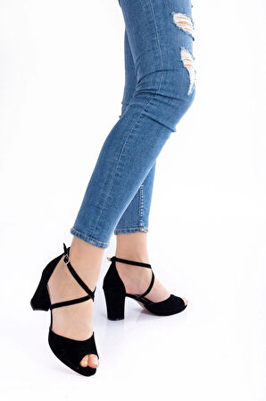 Siyah Süet Topuklu Kadın Klasik Ayakkabı Kadın Topuklu Abiye Ayakkabı Şık Gece Ayakkabısı