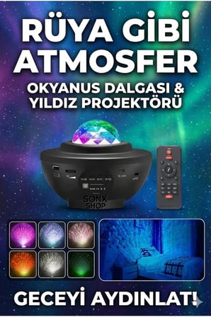 Galaksi Yıldız Projektörü ve Bluetooth Hoparlör 10 Renk Modlu Okyanus Dalgalı Gece & Disko Lambası