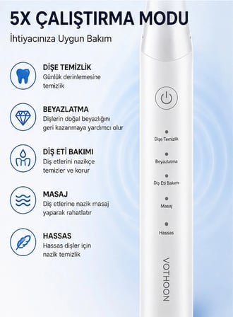 Şarjlı Diş Fırçası 15000 VPM Titreşim Gücü, 500mAh Batarya, 5 Temizlik Modu beyaz