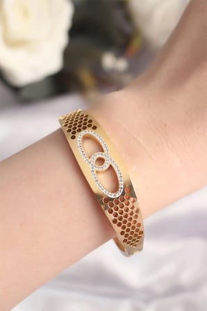 Mey İthalat 316L Çelik Gold Renk Zirkon Taşlı Kadın Kelepçe Bilezik
