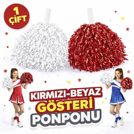 Mey İthalat 1 Çift ( 2 Adet ) Kırmızı-Beyaz Renk 23 Nisan 19 Mayıs 29 Ekim Okul Gösteri Ponponları Ekstra Dolgun