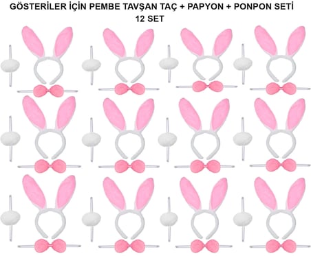 Mey İthalat Pembe Tavşan Kostüm Seti – Taç, Papyon, Ponpon (12’li Paket)