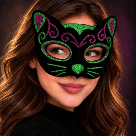 Mey İthalat Siyah Kadife Kaplama Üzeri Pembe Yeşil Sim İşlemeli Kedi Maskesi 20x13 cm