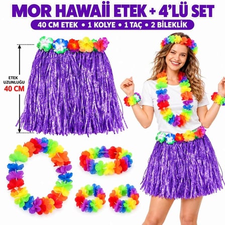Mey İthalat Luau Aloha Mor Hawaii Etek 40 cm ve 4’lü Hawaii Seti