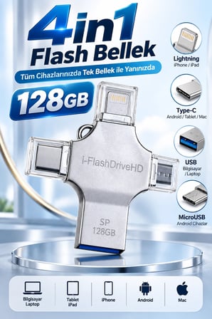 Mey İthalat 4in1 128GB Flash Bellek USB Type-C Lightning MicroUSB Çoklu Girişli Taşınabilir USB Bellek