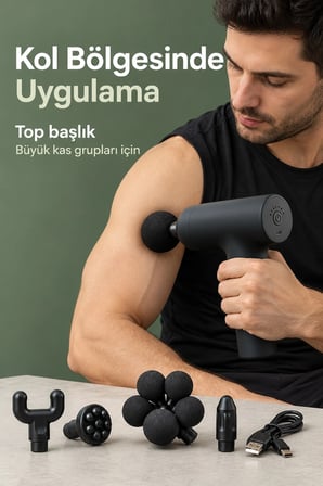 Mey İthalat Masaj Tabancası 5 Değiştirilebilir Başlıklı Şarjlı Siyah Masaj Aleti