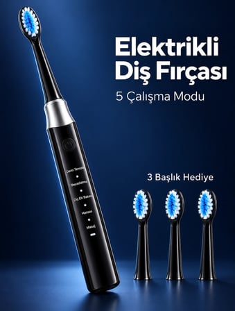 Mey İthalat 3 Yedek Başlık Hediyeli USB Şarjlı Siyah Elektrikli Diş Fırçası
