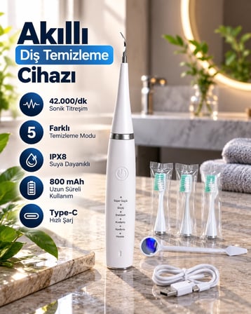 Mey İthalat Sonic Titreşimli Akıllı Diş Temizleme Cihazı Type C Şarjlı 5 Kademeli Temizleme Sistemi