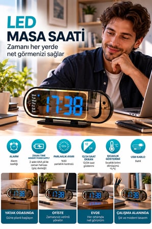 Mey İthalat Modern Dijital LED Masa Saati Alarm Özellikli 12 24 Saat Seçenekli Sıcaklık Göstergeli Ekran