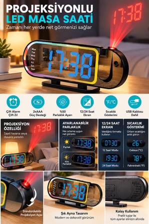 Mey İthalat Modern Dijital LED Masa Saati Alarm Özellikli 12 24 Saat Seçenekli Sıcaklık Göstergeli Ekran