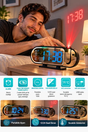 Mey İthalat Dijital LED Masa Saati Masaüstü Alarm Saati Parlaklık Ayarlı Sıcaklık ve 12 24 Saat Göstergeli