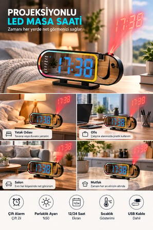 Mey İthalat Dijital LED Masa Saati Masaüstü Alarm Saati Parlaklık Ayarlı Sıcaklık ve 12 24 Saat Göstergeli