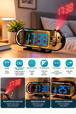 Mey İthalat LED Dijital Masa Saati Şık Tasarım Alarm Özelliği Parlaklık Ayarı Sıcaklık ve 12 24 Saat Gösterimi