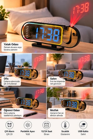 Mey İthalat LED Dijital Masa Saati Şık Tasarım Alarm Özelliği Parlaklık Ayarı Sıcaklık ve 12 24 Saat Gösterimi