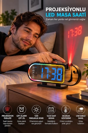 Mey İthalat Modern LED Masa Saati Dijital Ekranlı Alarm Parlaklık Ayarlı 12 24 Saat Sıcaklık Göstergeli