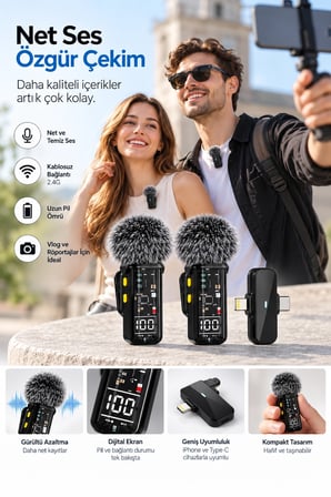 Mey İthalat Çift Mikrofonlu 2.4G Kablosuz Yaka Mikrofonu Vlog İçin Mikrofon