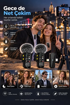 Mey İthalat Çift Mikrofonlu 2.4G Kablosuz Yaka Mikrofonu Vlog İçin Mikrofon