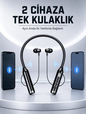 Mey İthalat Boyun Bantlı Bluetooth Kulaklık Dijital Ekranlı Mikrofonlu Çift Telefon Bağlantılı Kablosuz Müzik ve Görüşme Kulaklığı