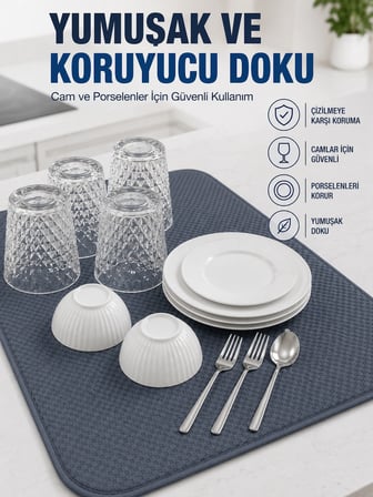 Mey İthalat Su Emici Bulaşık Kurutma Matı Kaydırmaz ve Yumuşak Dokulu Kurutmalık
