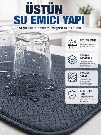 Mey İthalat Katlanabilir Bulaşık Kurutma Matı Hızlı Kuruyan Su Emici Mutfak Matı