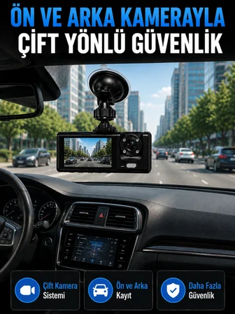 Mey İthalat WiFi Çift Kameralı Araç İçi Kayıt Kamerası 1080P Full HD 170° Geniş Açılı Araç Kamerası