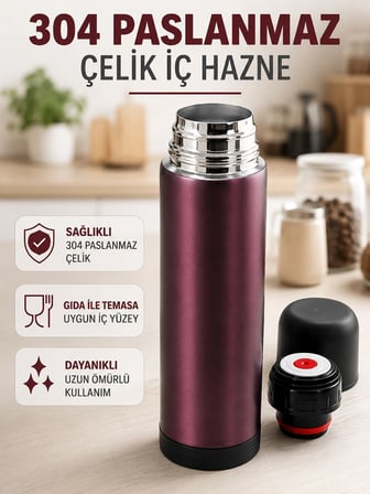 Mey İthalat Paslanmaz Çelik Seyahat Termosu Tek Tuşlu Vakumlu Kahve ve Çay Termosu