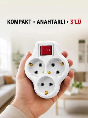 Mey İthalat Anahtarlı 3’lü Priz Çoğaltıcı Kablosuz Duvar Tipi Topraklı Priz Çoklayıcı