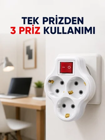 Mey İthalat Tek Prizi 3’lü Yapan Anahtarlı Priz Adaptörü Topraklı Priz Çoğaltıcı