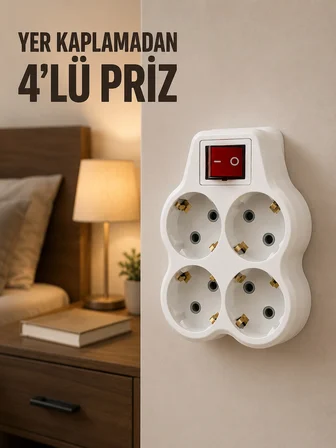 Mey İthalat 4’lü Priz Çoğaltıcı Açma Kapama Anahtarlı Kablosuz Duvar Tipi Priz Adaptörü