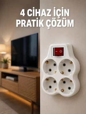 Mey İthalat Kablosuz Duvar Tipi 4’lü Priz Çoklayıcı Anahtarlı Elektrik Priz Çoğaltıcı