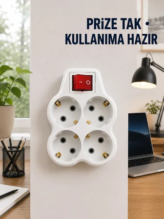 Mey İthalat Anahtarlı 4’lü Priz Adaptörü Direkt Prize Takılan Kompakt Priz Çoklayıcı