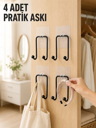 Mey İthalat 4 Adet Yapışkanlı Duvar Askısı Çok Amaçlı Pratik Askılık Seti