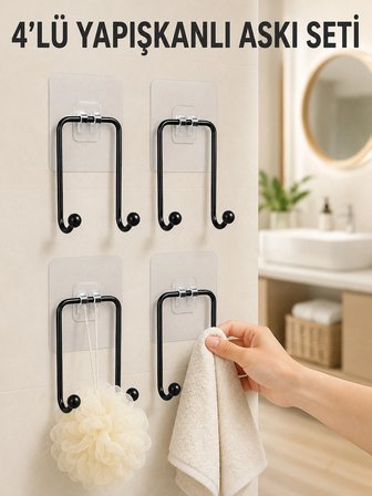 Mey İthalat 4'lü Yapışkanlı Askı Seti Mutfak Banyo ve Ev İçin Duvar Askısı
