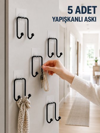 Mey İthalat 5 Adet Yapışkanlı Duvar Askısı Çok Amaçlı Pratik Askılık Seti