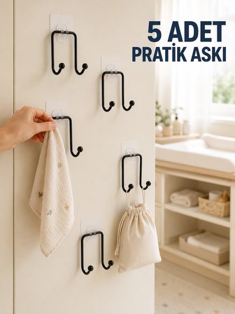 Mey İthalat 5'li Duvar Tipi Yapışkanlı Askı Pratik Ev ve Yaşam Alanı Askılık Seti