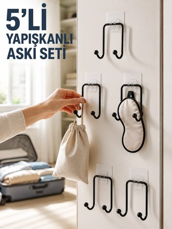 Mey İthalat 5 Adet Yapışkanlı Askı Çok Amaçlı Mutfak Banyo Düzenleyici Askılık