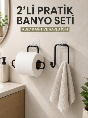 Mey İthalat 2’li Yapışkanlı Banyo Düzenleme Seti Rulo Kağıt Tutucu ve Havlu Askılığı