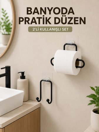 Mey İthalat Vidasız Banyo Seti Yapışkanlı Tuvalet Kağıdı Tutucu ve Havlu Askısı 2’li Set