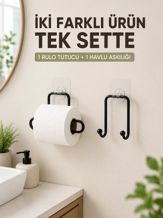 Mey İthalat Pratik Yapışkanlı Rulo Kağıtlık ve Havlu Bez Askılığı 2 Parça Düzenleyici Set