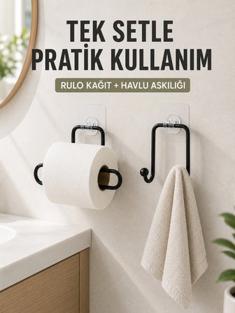 Mey İthalat Banyo ve Mutfak İçin Yapışkanlı Havlu Askılığı ve Rulo Kağıt Tutucu Set