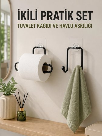 Mey İthalat Duvara Yapışkanlı 2’li Düzenleme Seti Havlu Askısı ve Tuvalet Kağıdı Tutucu