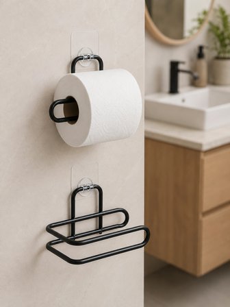 Mey İthalat 2 Adet Yapışkanlı WC Kağıtlık Siyah Metal Pratik Duvar Tipi Rulo Tutucu