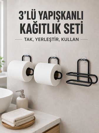 Mey İthalat 3’lü Siyah Duvar Tipi Kağıtlık Seti Yapışkanlı Pratik Rulo Tutucu